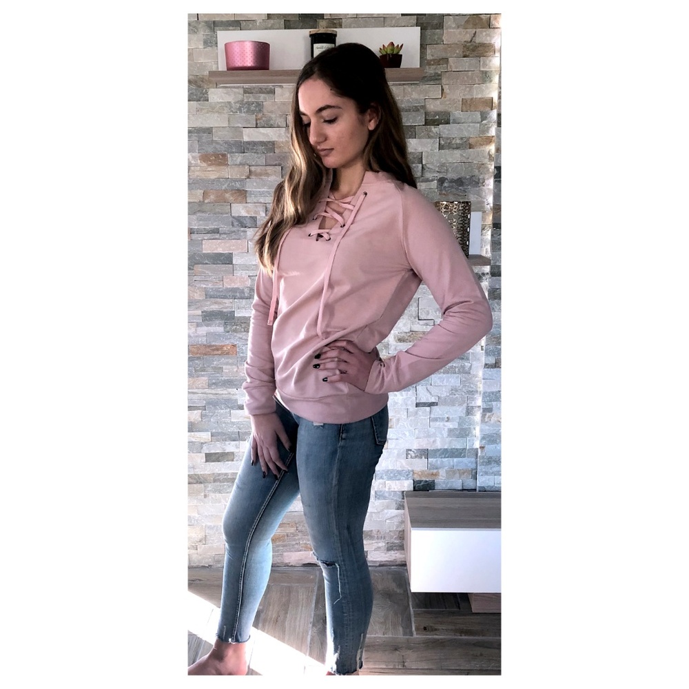 Lace up front detail terry cottonsweatshirt| Blush - Picture 5 of 10